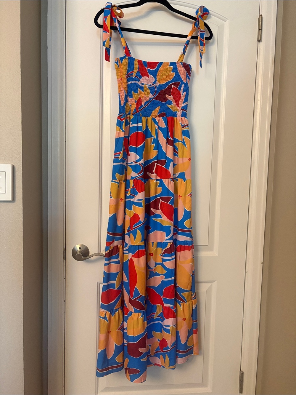 Amazon Multicolor Floral Print Tie‑Strap Maxi Dress - Blue, Red, Yellow